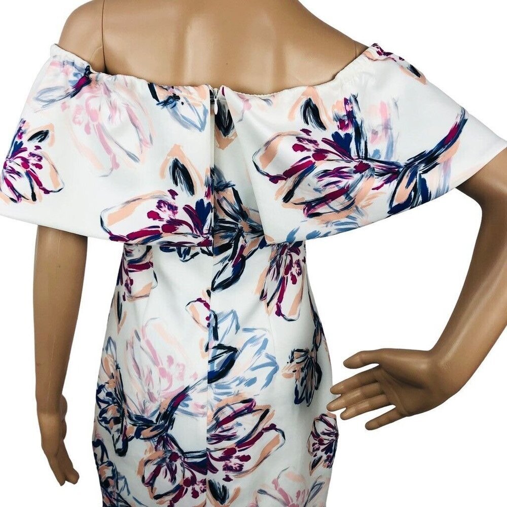 Badgley Mischka Floral Off Shoulder Formal Evening Dress Layered Sheath Mini 4 - Picture 8 of 9